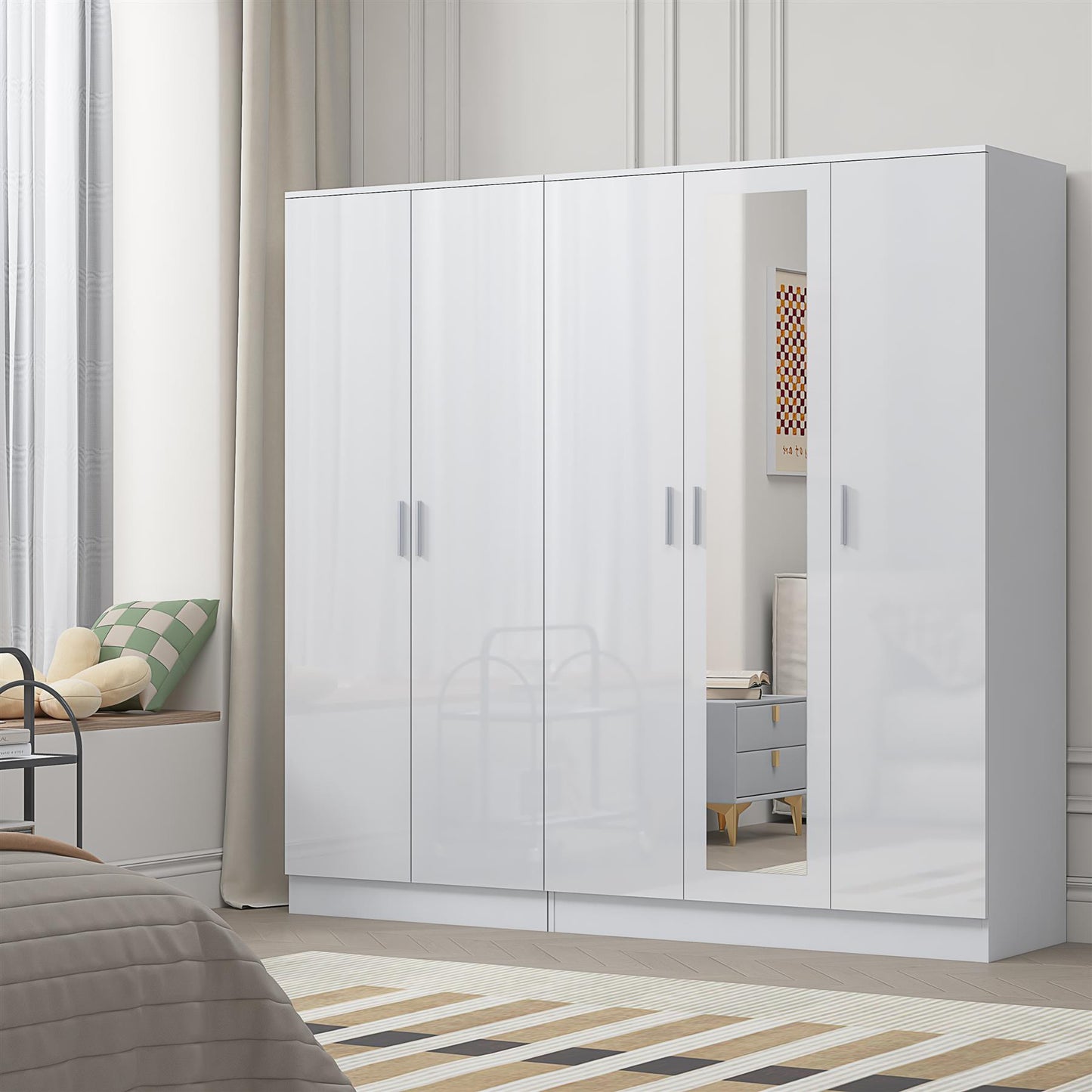 Reflect 2pc Wardrobe Bundle - 3 Door Mirror + 2 Door Plain - White Gloss & Matt White