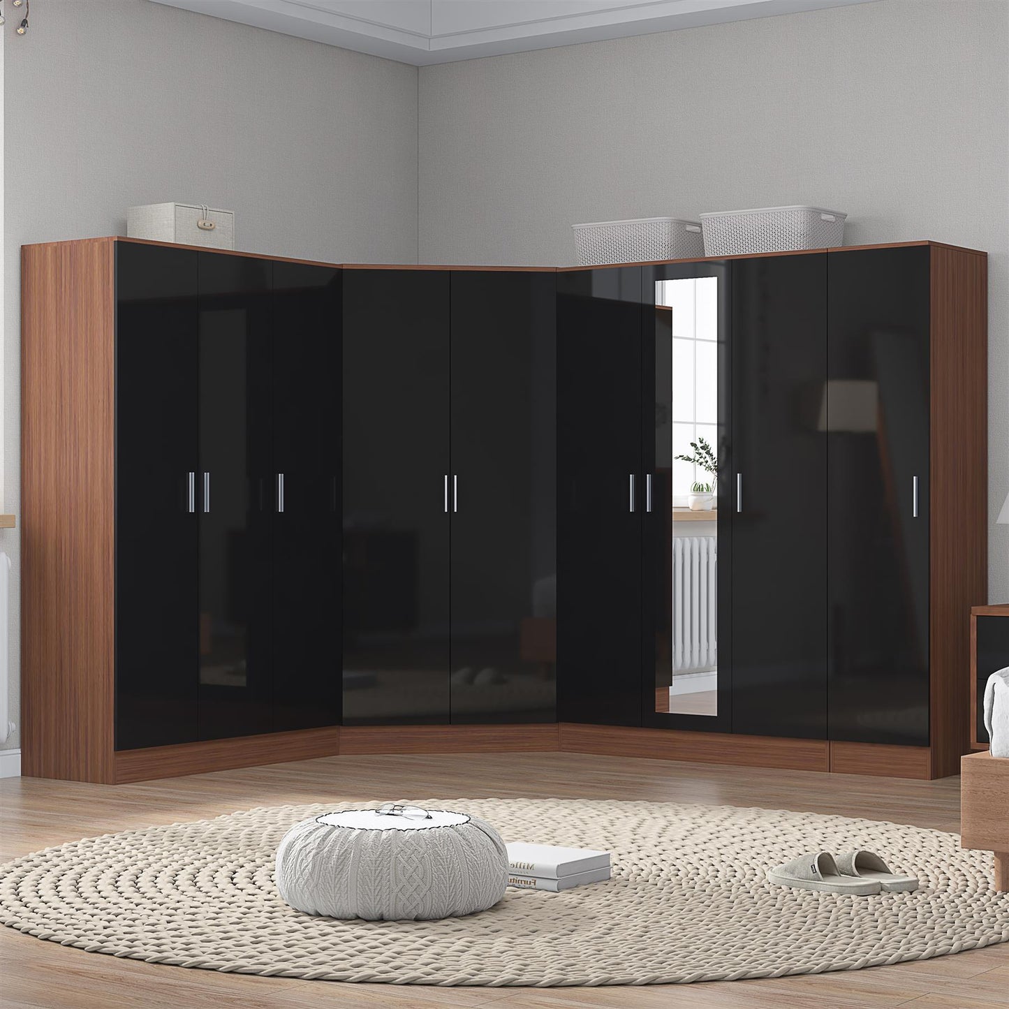 Reflect 4pc Wardrobe Bundle - 2 Door Corner + 3 Door Mirror + 3 Door Plain + 1 Door Plain - Black Gloss & Walnut