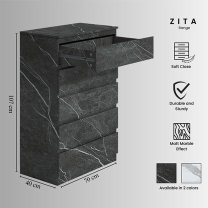 ZITA 4pc Set - 2 Door Wardrobe + Tall Chest + 2 Bedsides in White OR Grey Marble