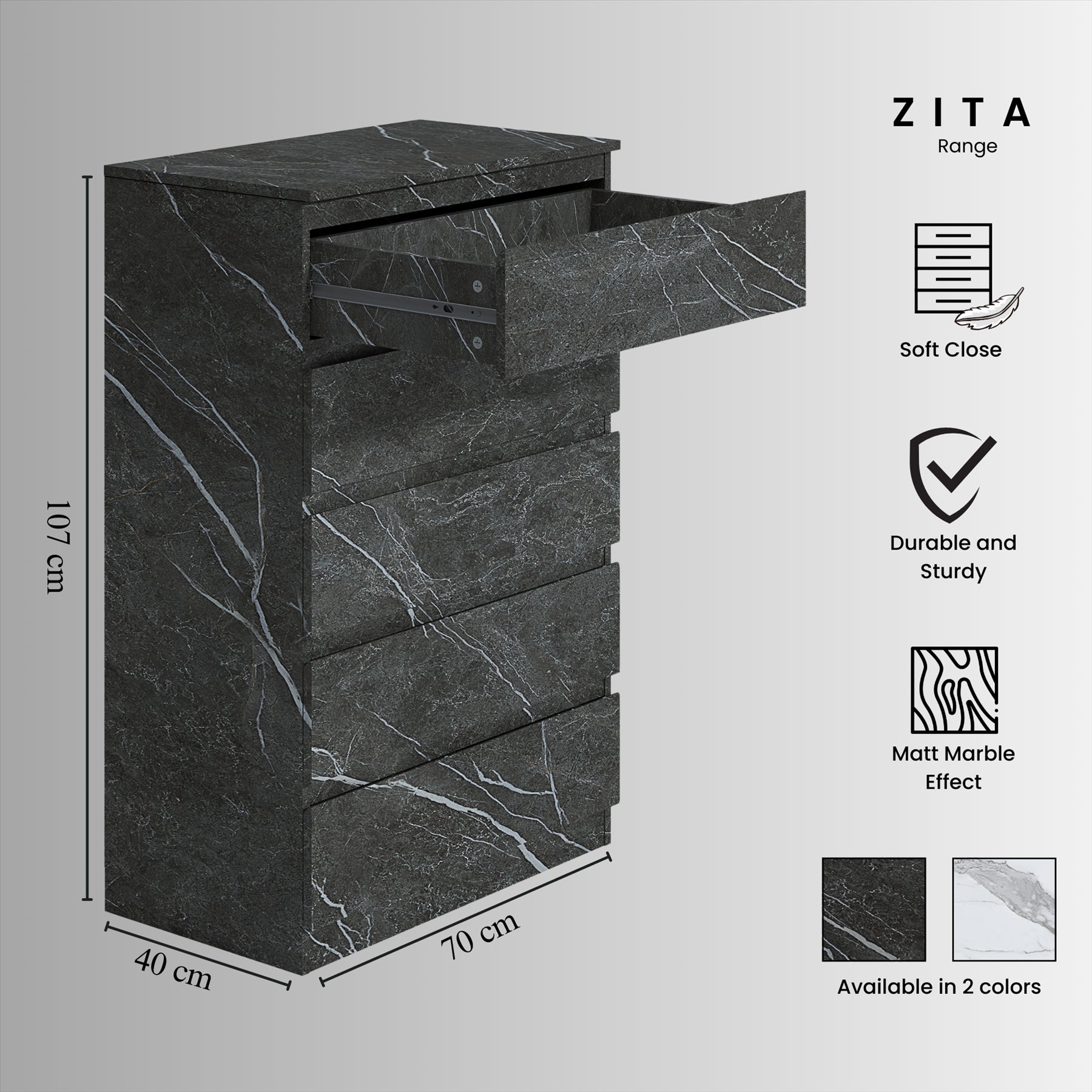 ZITA Grey Marble Effect 4 Piece Bedroom Set - 2 Door Wardrobe, Tall Chest & 2 Bedside Tables, Stylish Storage Solution