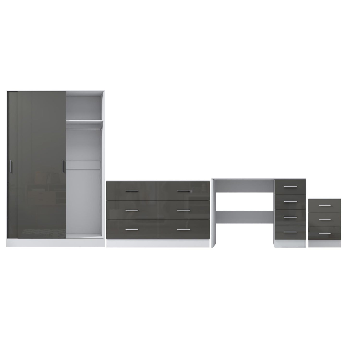 Reflect 2 Door Sliding Wardrobe, 6 Drawer Wide Chest, 3 Drawer Bedside, 4 Drawer Desk - Grey Gloss & Matt White - Modern Bedroom Furniture Set