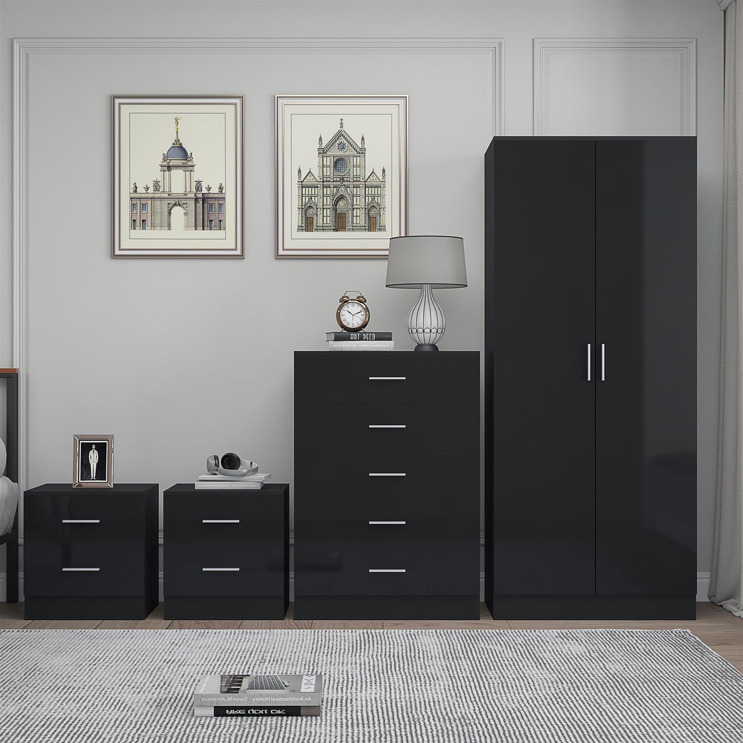 Reflect 2 Door Plain Wardrobe, 5 Drawer Chest, 2x 2 Drawer Bedsides - Black Gloss & Black Oak - Modern Bedroom Furniture Set