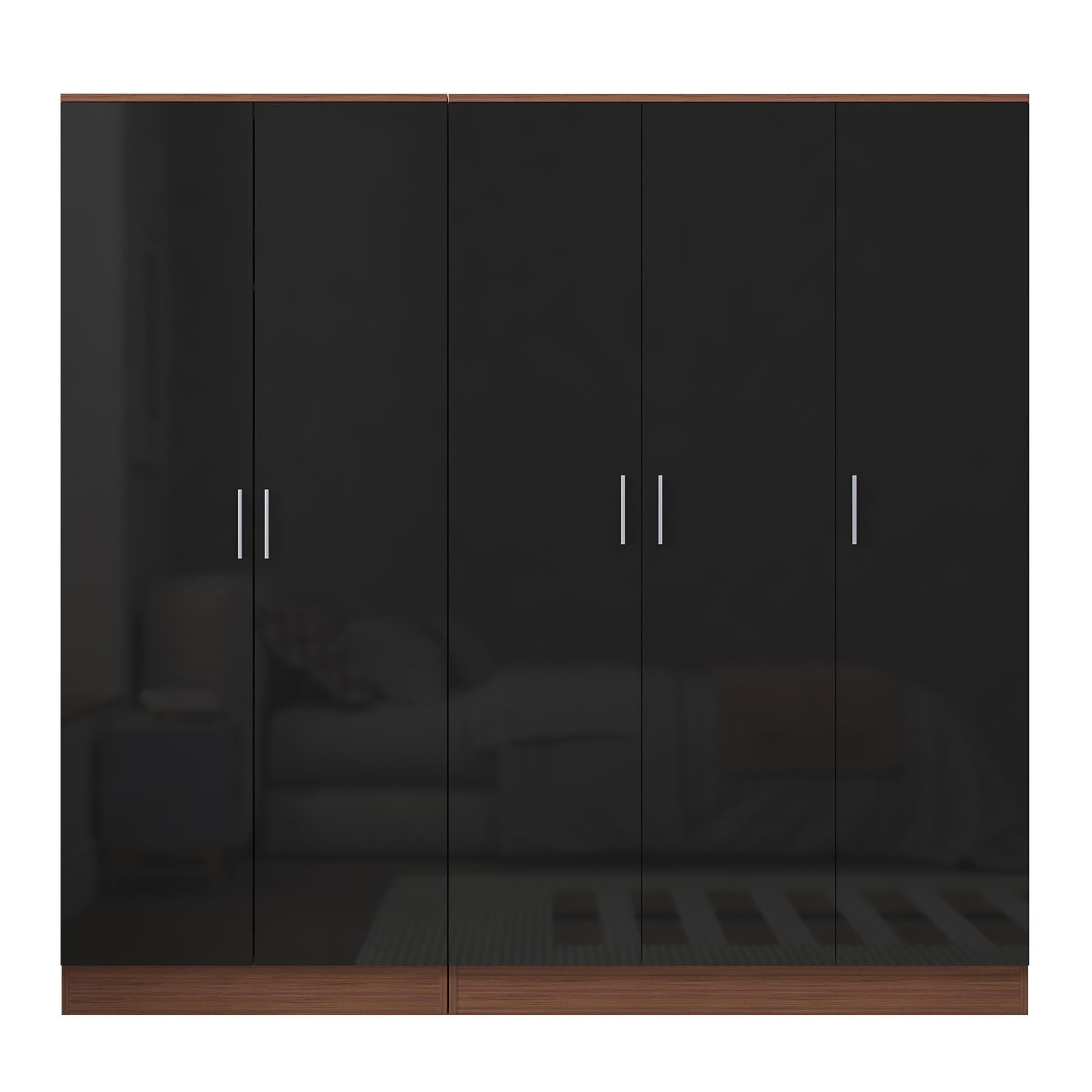 REFLECT - 3 Door PLAIN + 2 Door PLAIN Wardrobe - Gloss Black / Matt Walnut