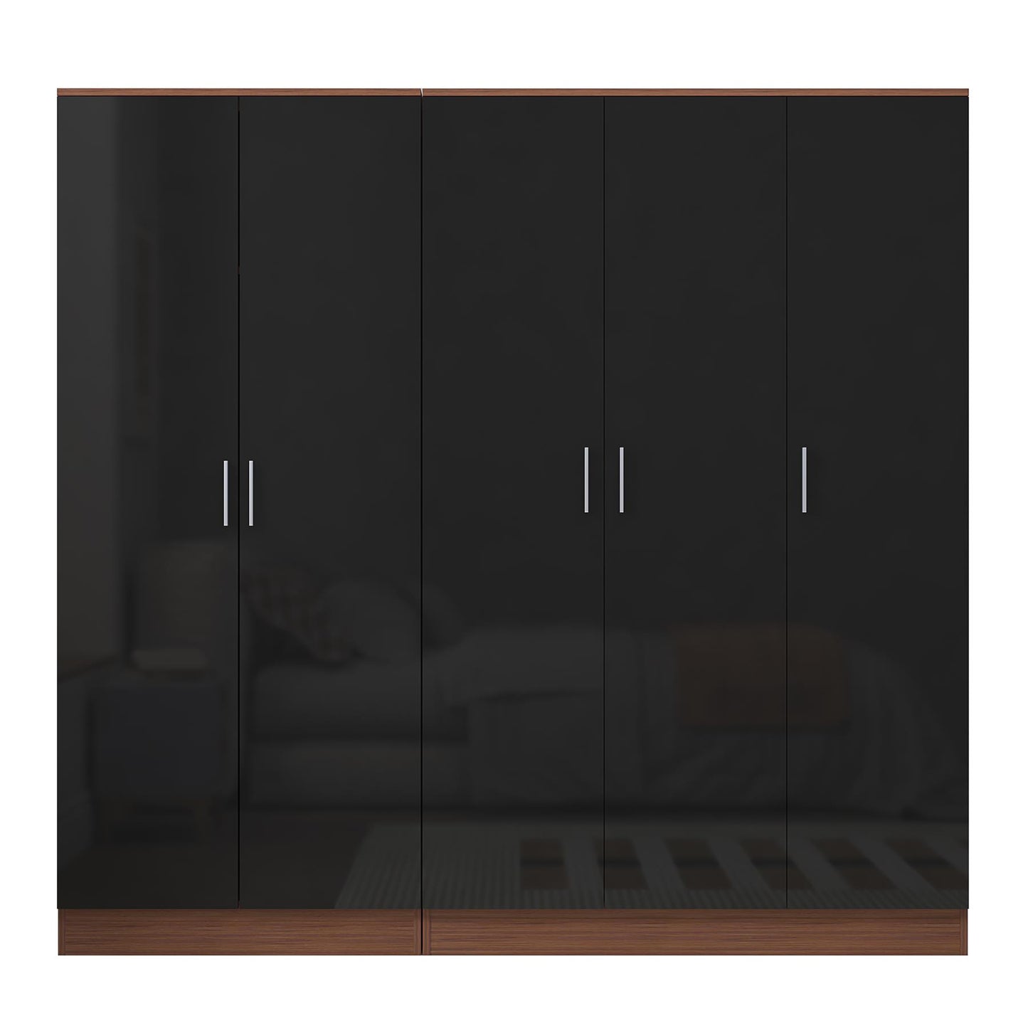Reflect 2pc Wardrobe Bundle - 3 Door Plain + 2 Door Plain - Black Gloss & Walnut