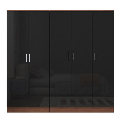 Reflect 2pc Wardrobe Bundle - 3 Door Plain + 2 Door Plain - Black Gloss & Walnut