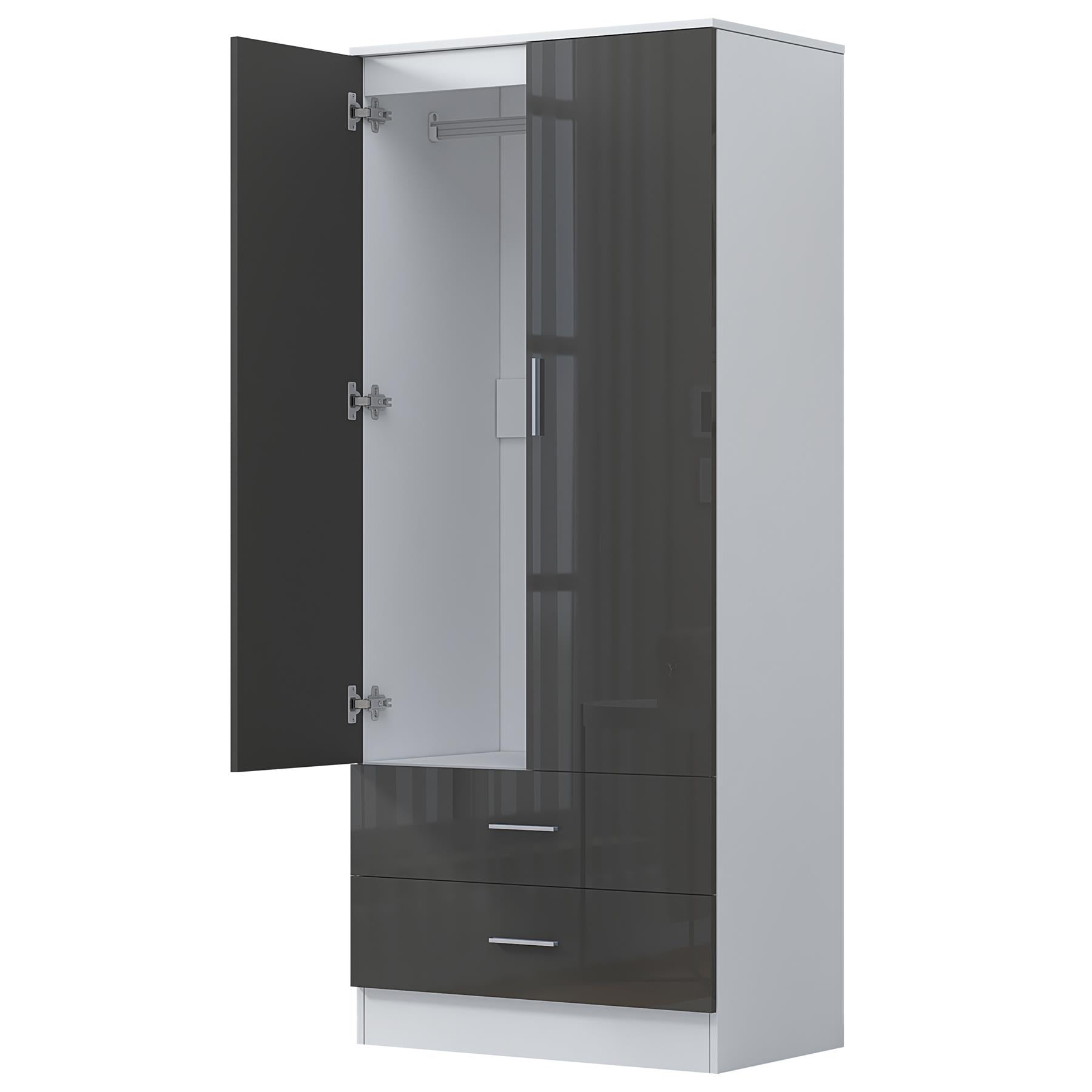 Reflect 2 Door 2 Drawer Combi Plain Wardrobe - Grey Gloss & Matt White - Hanging Rails, Drawers & Shelf - H: 180cm x W: 76cm