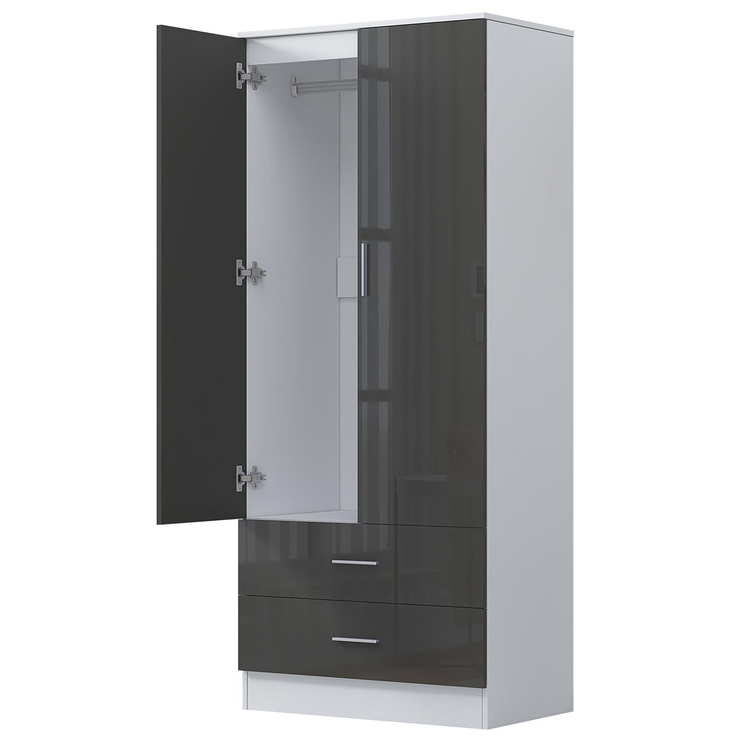 Reflect 2 Door 2 Drawer Combi Plain Wardrobe - Grey Gloss & Matt White - Hanging Rails, Drawers & Shelf