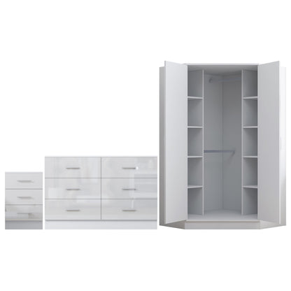 Reflect 2 Door Corner Wardrobe, 6 Drawer Chest, 3 Drawer Bedside - White Gloss & Matt White - Bedroom Furniture Set