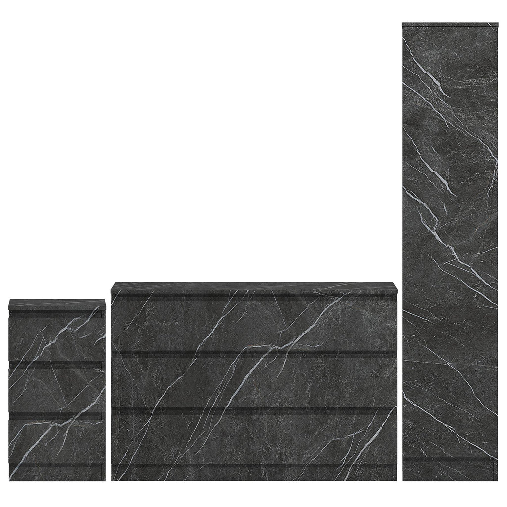 ZITA Grey Marble Effect 3 Piece Bedroom Set - 1-Door Wardrobe, Wide Chest & Bedside Table, Stylish Modern Bedroom Furniture