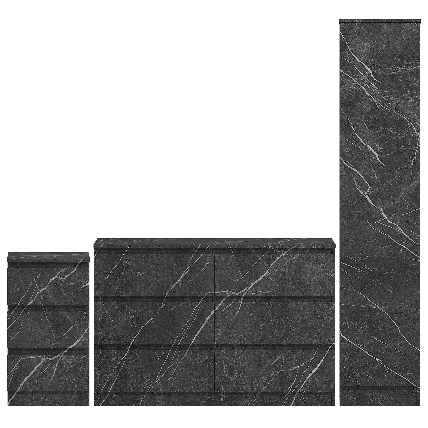 ZITA Grey Marble Effect 3 Piece Bedroom Set - 1-Door Wardrobe, Wide Chest & Bedside Table, Stylish Modern Bedroom Furniture