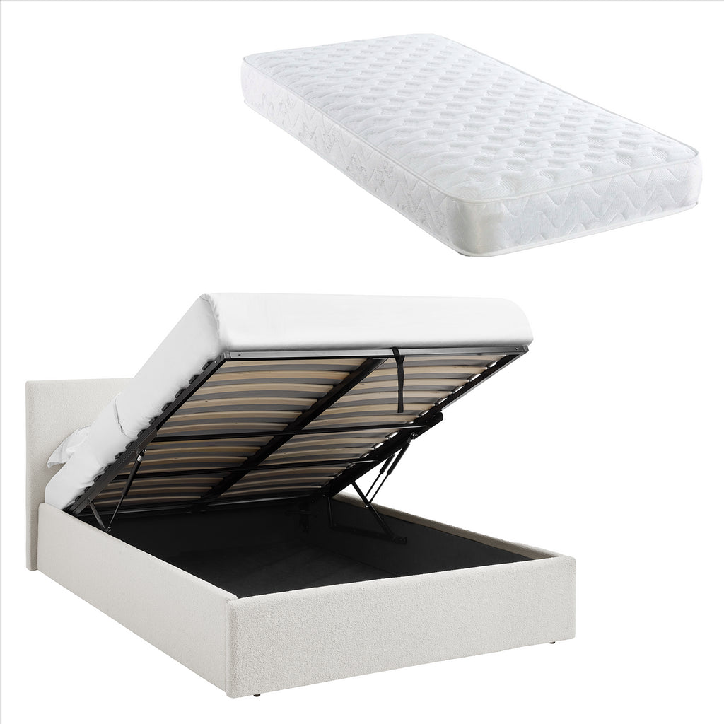 TEDDY BOUCLE 5FT King White Ottoman Storage Bed Gas Lift Up - (L) 220cm x (W) 170cm (H) 113cm with Bonnell Spring Mattress
