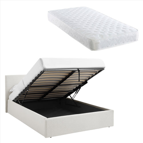 TEDDY BOUCLE 5FT King White Ottoman Storage Bed Gas Lift Up - (L) 220cm x (W) 170cm (H) 113cm with Bonnell Spring Mattress