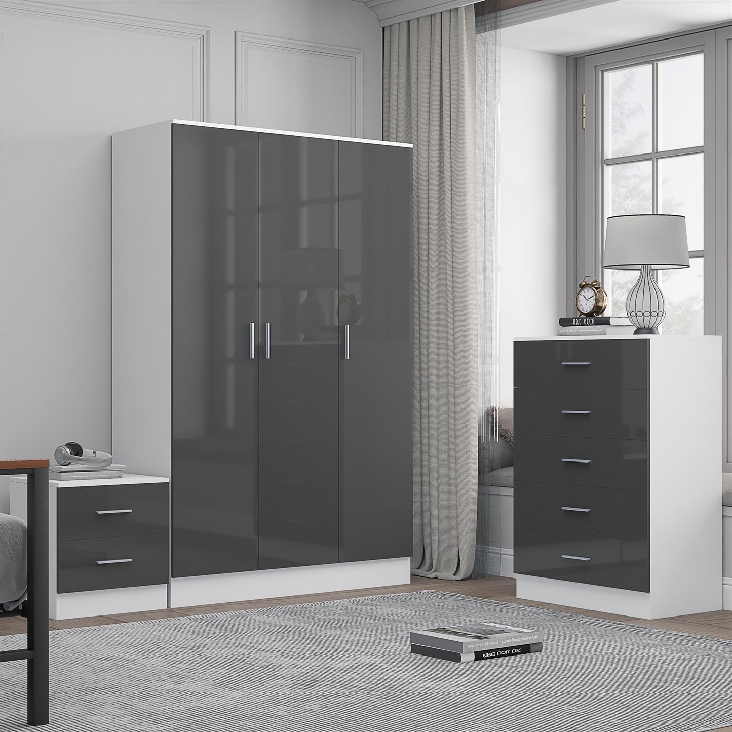 REFLECT Gloss 3pc Bedroom Set - 3 Door Wardrobe + 5 Draw Chest + Bedside