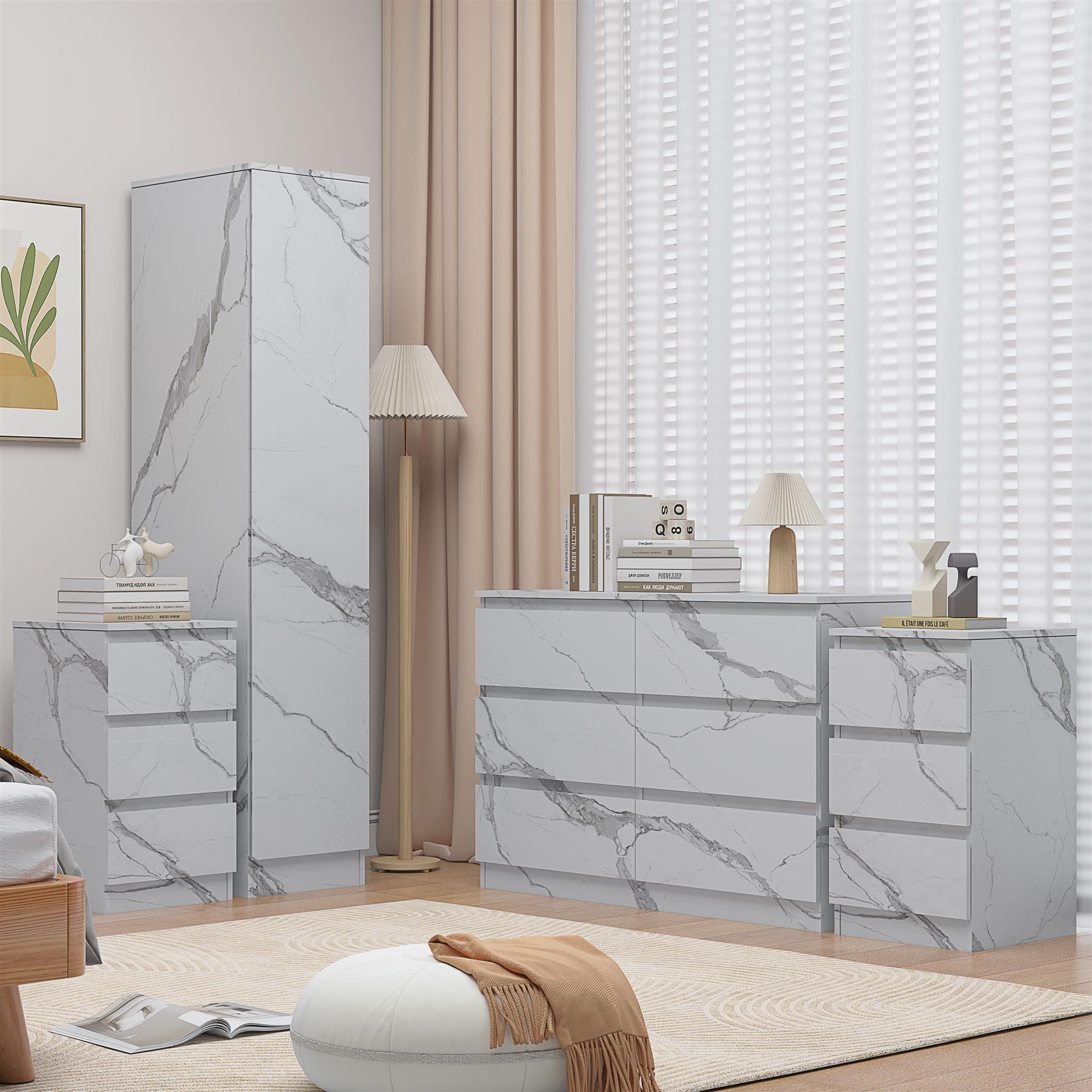 ZITA White Marble Effect 4pc Bedroom Set - 1-Door Wardrobe, Wide Chest & 2 Bedside Tables, Contemporary Bedroom Storage Solution