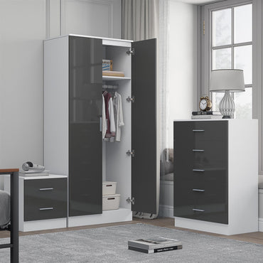 Reflect 2 Door Plain Wardrobe, 5 Drawer Chest, 2 Drawer Bedside - Grey Gloss & Matt White - Modern Bedroom Furniture Set