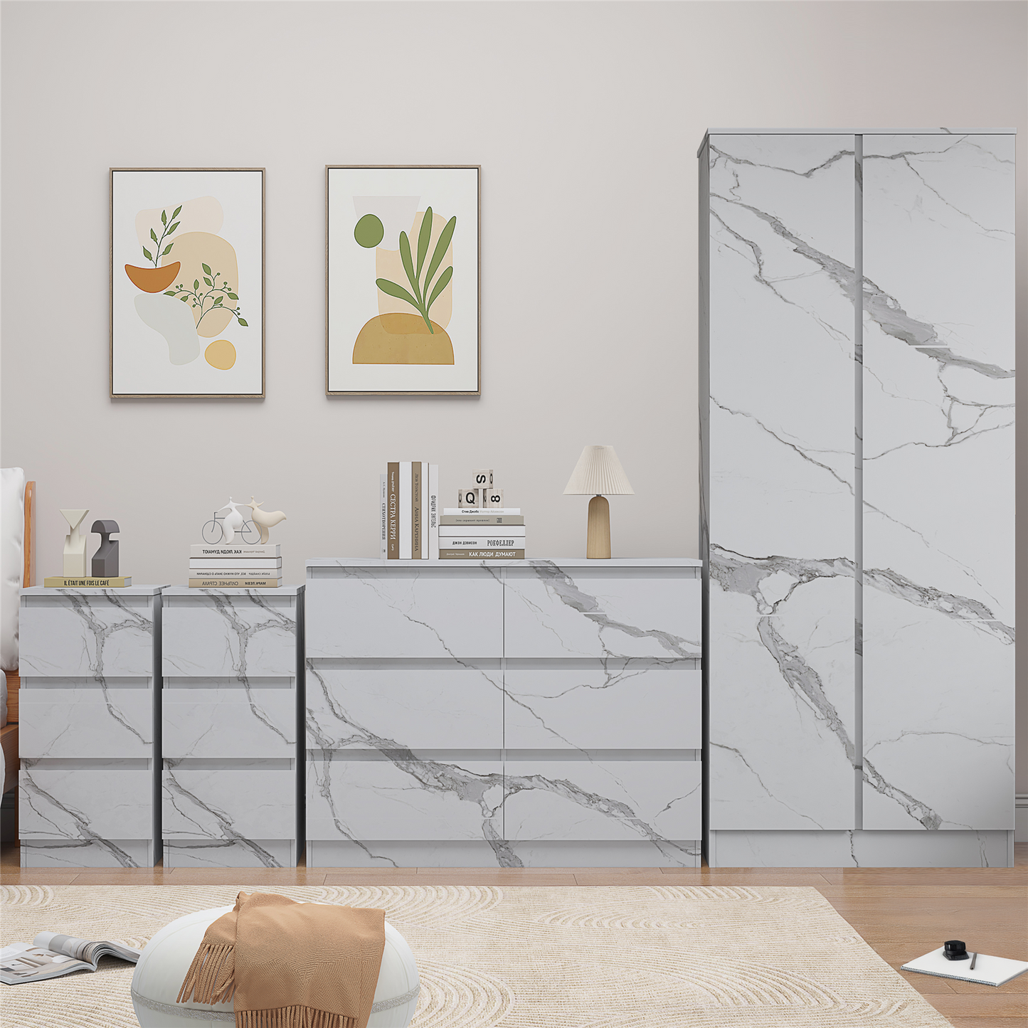 ZITA White Marble Effect 4 Piece Bedroom Set - Wardrobe, 6 Drawer Chest & 2 Bedside Tables, Stylish Bedroom Furniture