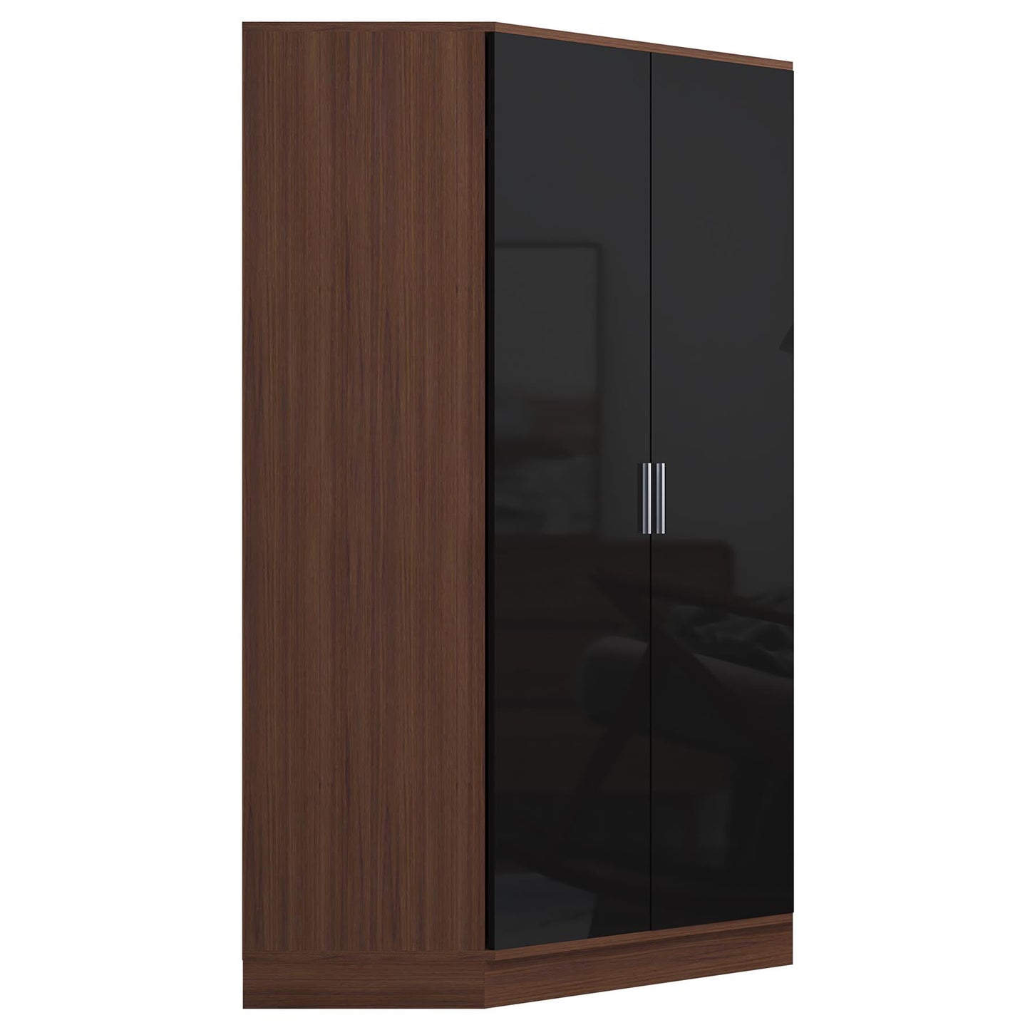 Reflect 2 Door Corner Wardrobe - Black Gloss & Walnut - 2 Hanging Rails & 8 Shelves - Modern Design
