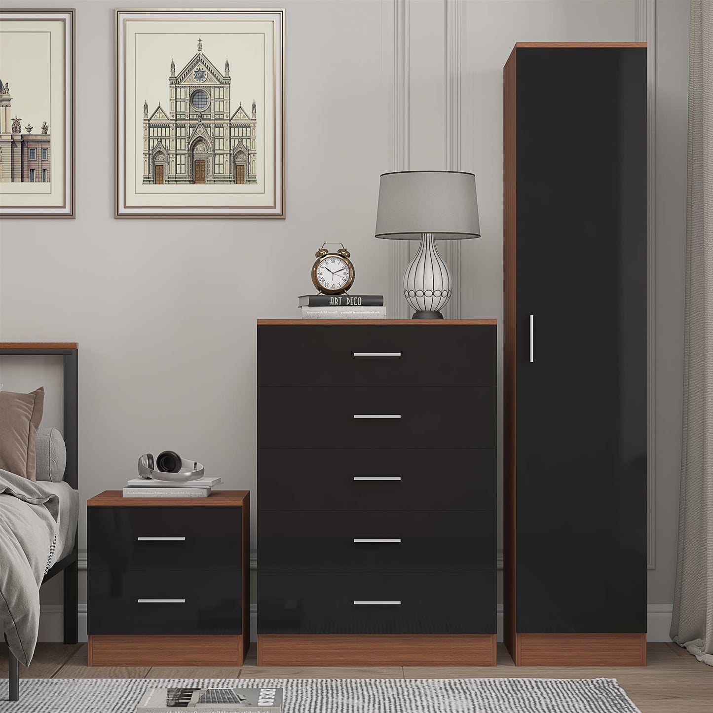 Reflect 1 Door Plain Wardrobe, 5 Drawer Chest, 2 Drawer Bedside - Black Gloss & Walnut - Bedroom Furniture Set