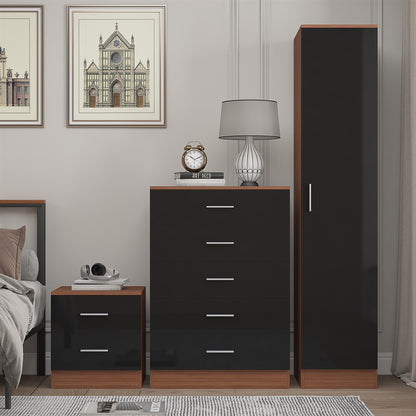 Reflect 1 Door Plain Wardrobe, 5 Drawer Chest, 2 Drawer Bedside - Black Gloss & Walnut - Bedroom Furniture Set