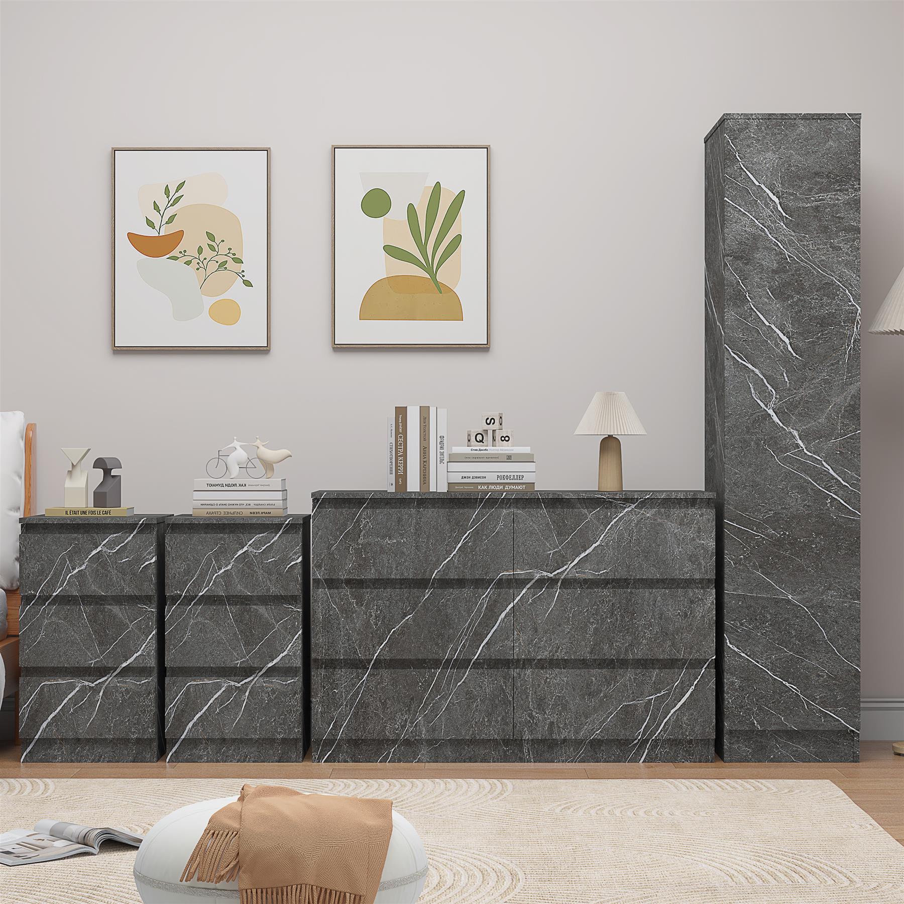 ZITA Grey Marble Effect 4pc Bedroom Set - 1-Door Wardrobe, Wide Chest & 2 Bedside Tables, Contemporary Bedroom Storage Solution