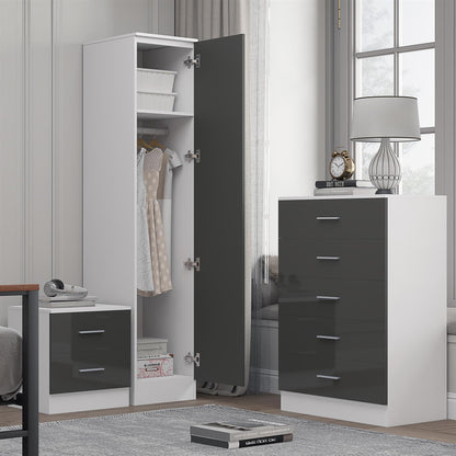 REFLECT Gloss 3pc Bedroom Set - 1 Door Wardrobe + 5 Draw Chest + Bedside