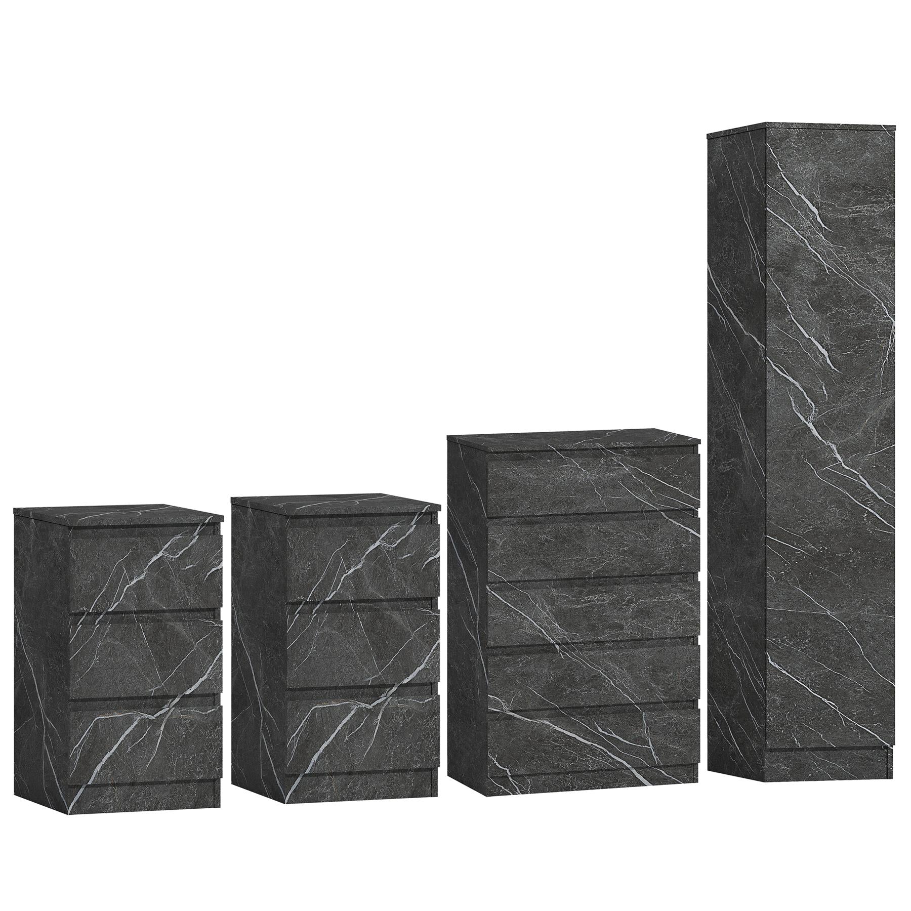 ZITA 4pc Grey Marble Effect Bedroom Set - 1-Door Wardrobe, Tall Chest & 2 Bedside Tables, Stylish Modern Storage Furniture