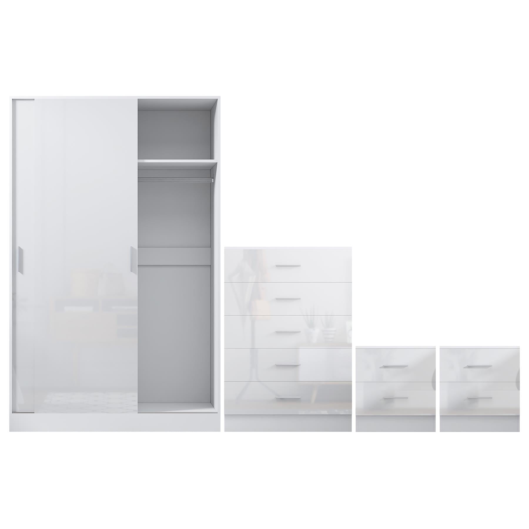 Reflect 2 Door Sliding Wardrobe, 5 Drawer Chest, 2x 2 Drawer Bedsides - White Gloss & Matt White - Modern Bedroom Furniture Set