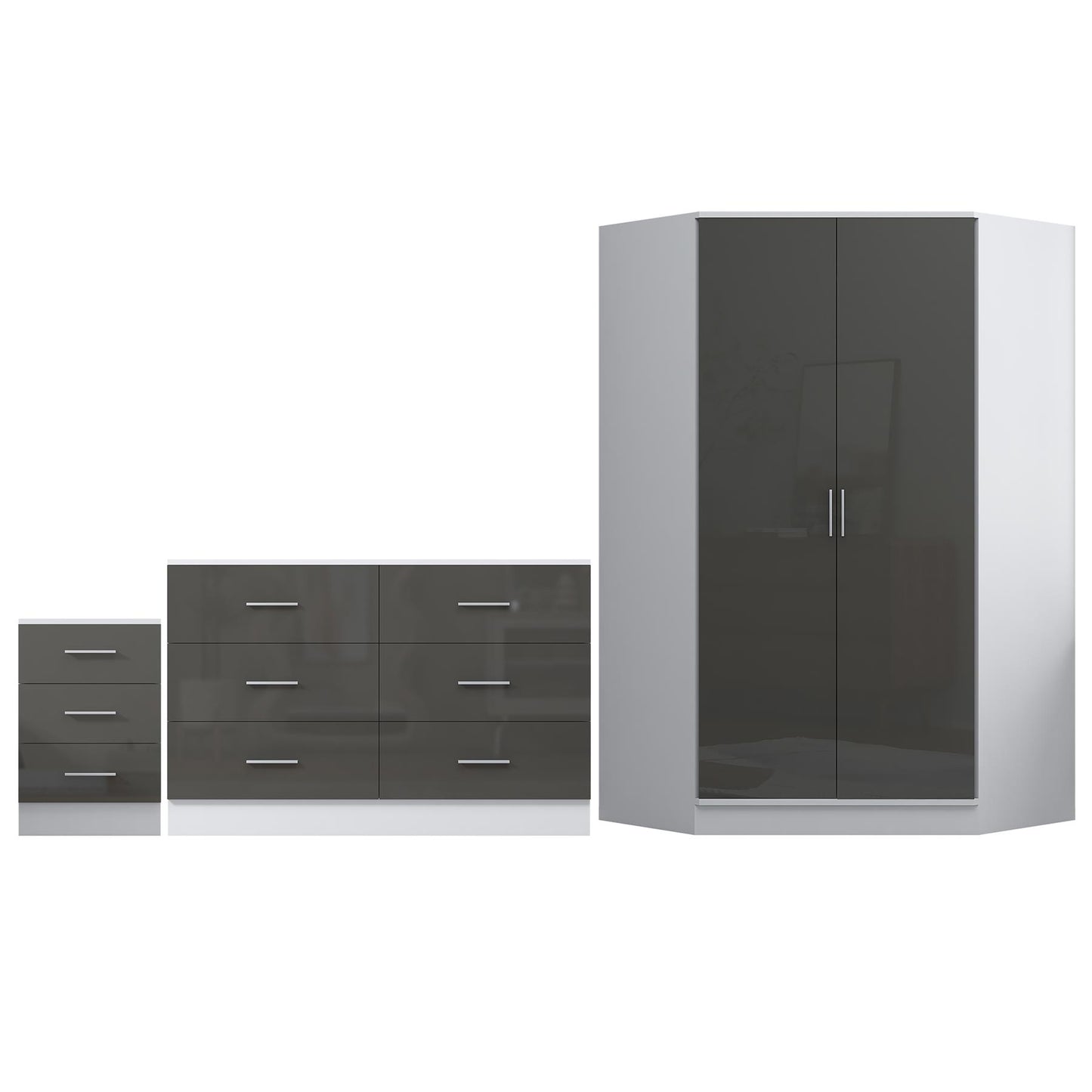 Reflect 2 Door Corner Wardrobe, 6 Drawer Chest, 3 Drawer Bedside - Grey Gloss & Matt White - Bedroom Furniture Set