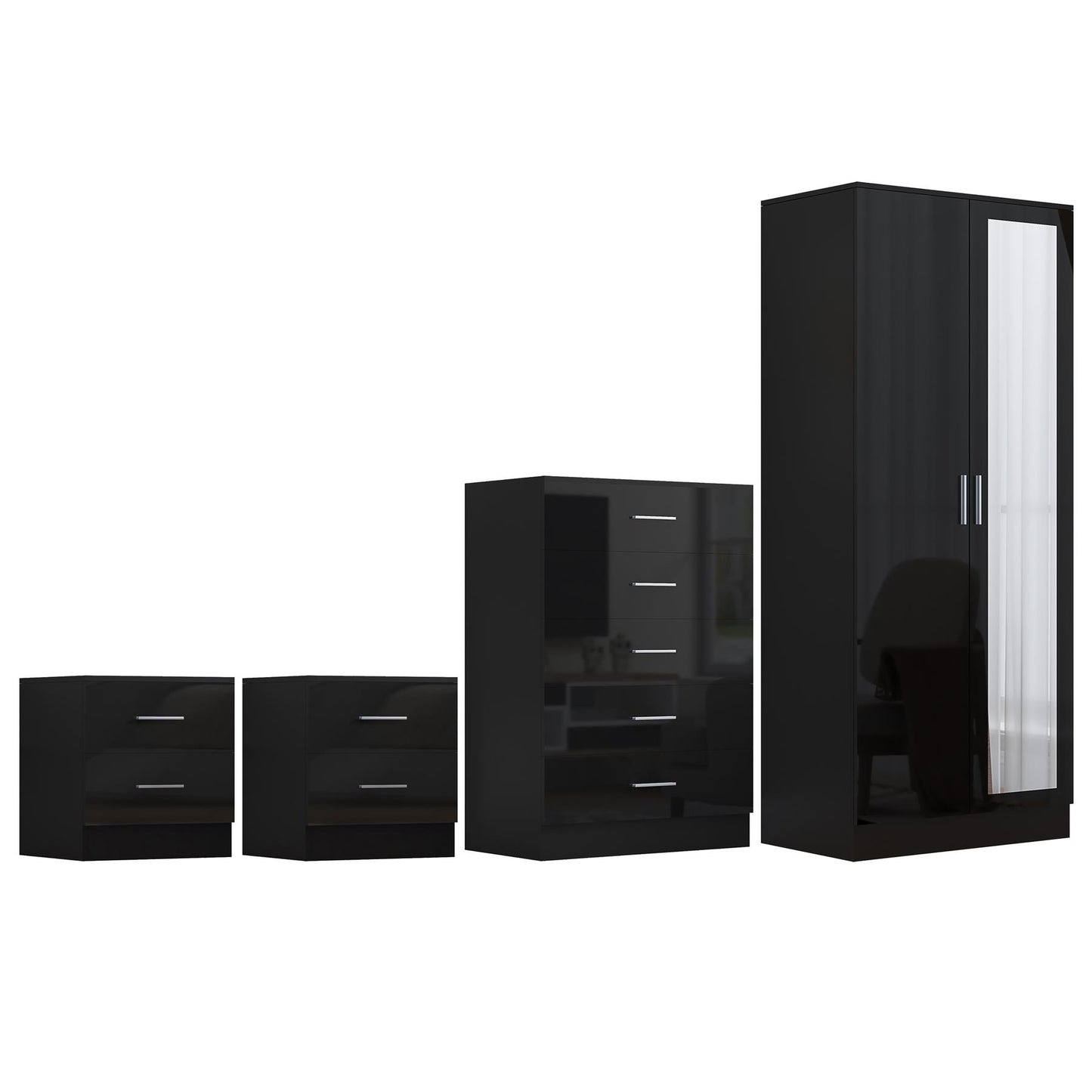 REFLECT Gloss 4pc Set - 2 Door Mirrored Wardrobe + 5 Draw Chest + 2 Bedsides