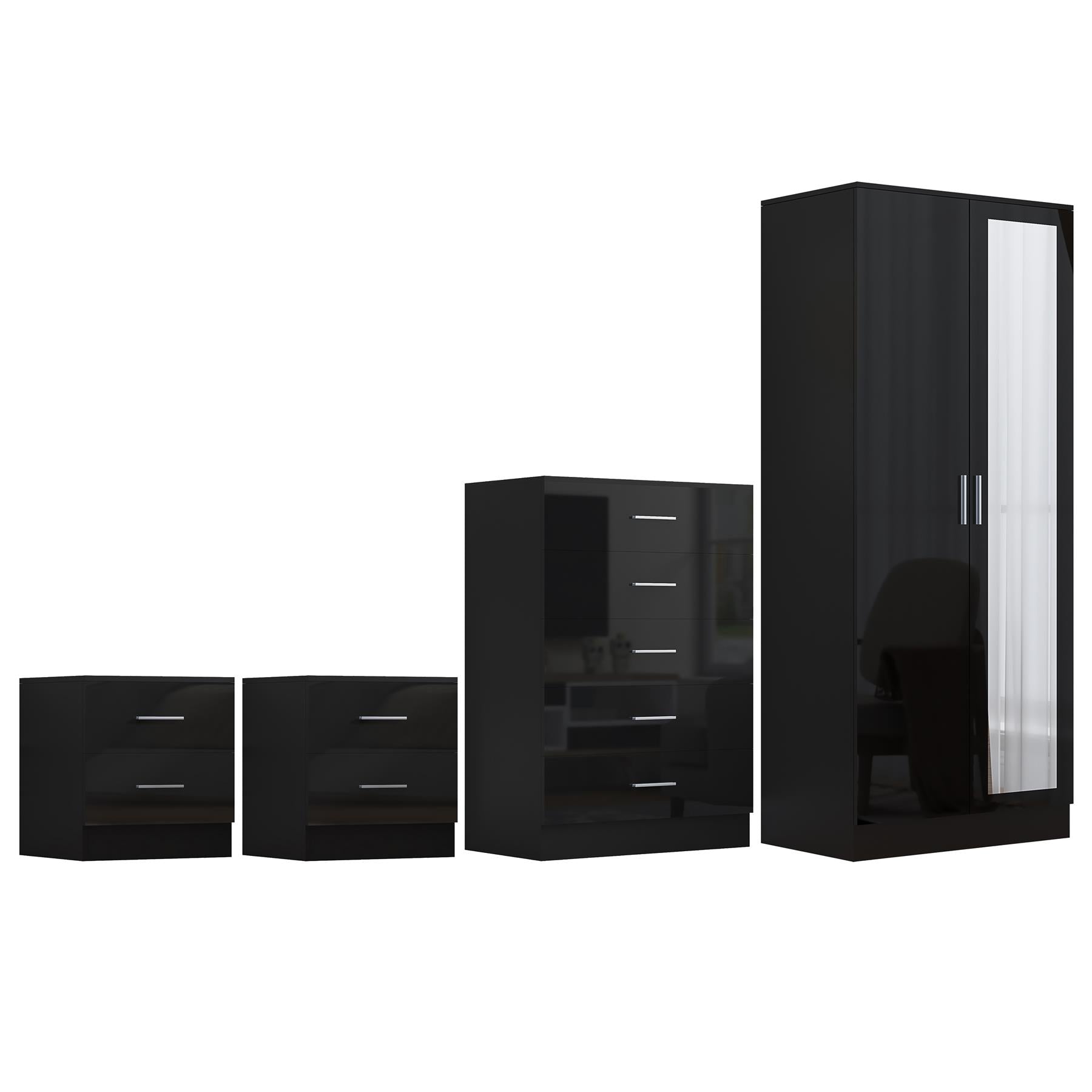 Reflect 2 Door Mirror Wardrobe, 5 Drawer Chest, 2x 2 Drawer Bedsides - Black Gloss & Black Oak - Modern Bedroom Furniture Set