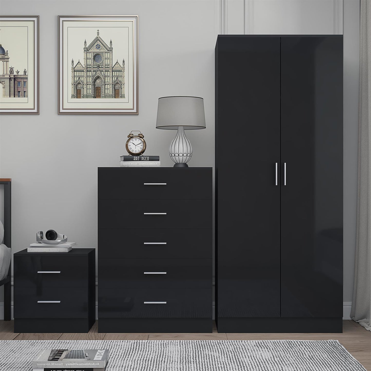 REFLECT Gloss 3pc Bedroom Set - 2 Door Wardrobe + 5 Draw Chest + Bedside