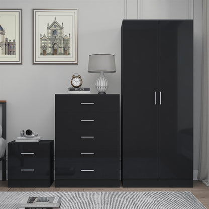 Reflect 2 Door Plain Wardrobe, 5 Drawer Chest, 2 Drawer Bedside - Black Gloss & Black Oak - Modern Bedroom Furniture Set
