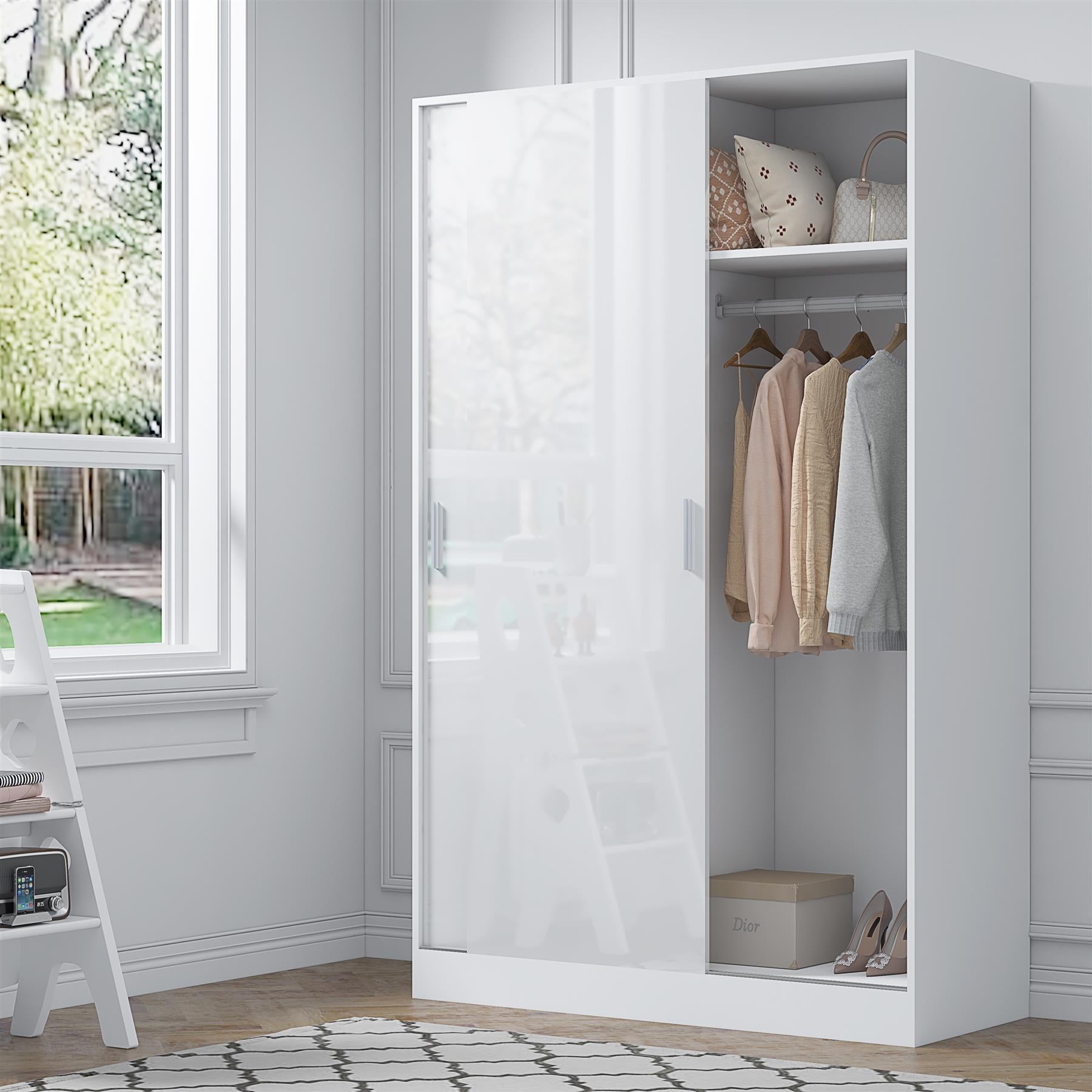 Reflect 2 Door Sliding Wardrobe - White Gloss & Matt White - Hanging Rails & Shelves - Modern Design