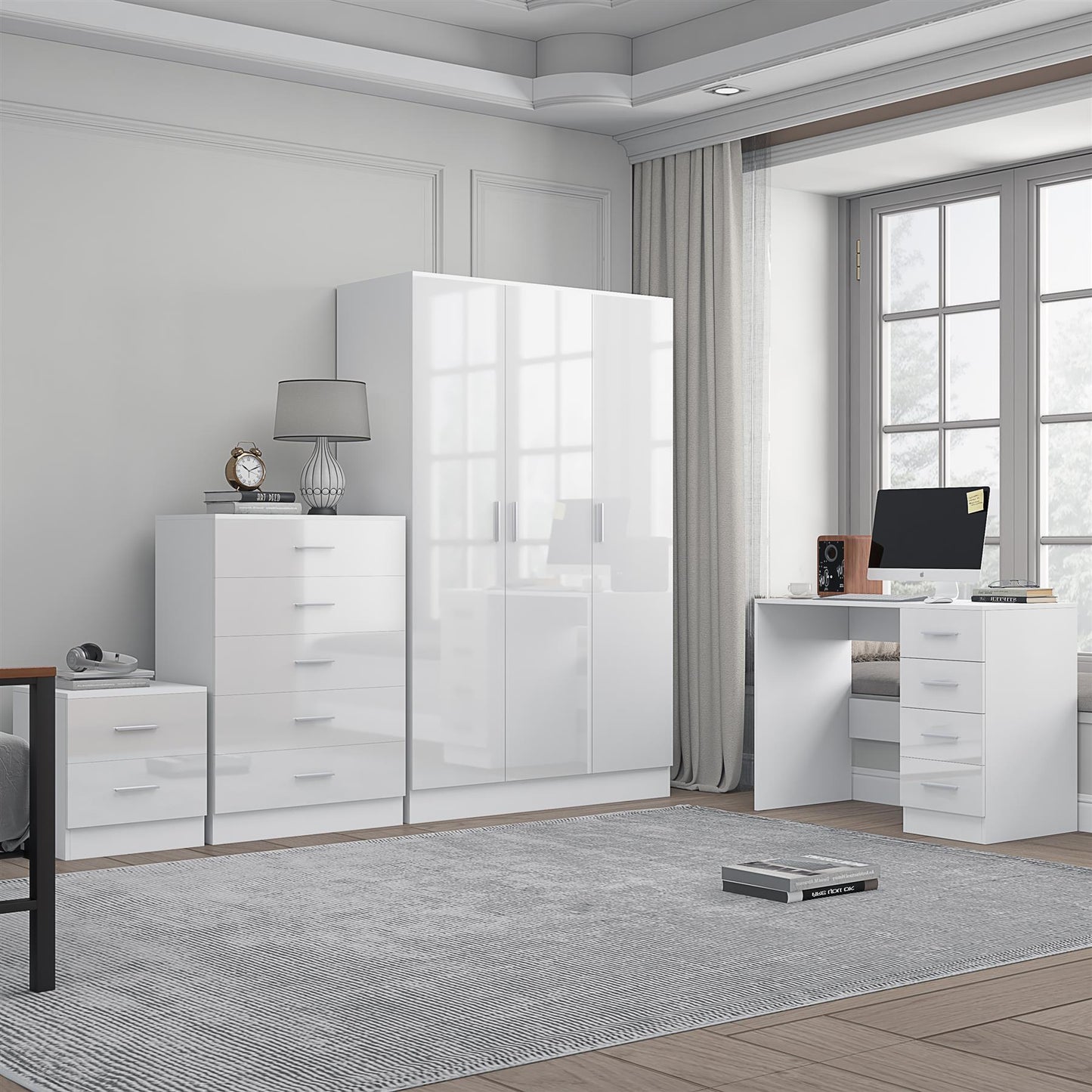 Reflect 3 Door Plain Wardrobe, 5 Drawer Chest, 2 Drawer Bedside & Desk - White Gloss & Matt White - Modern Bedroom Furniture Set