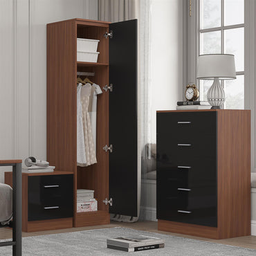 Reflect 1 Door Plain Wardrobe, 5 Drawer Chest, 2 Drawer Bedside - Black Gloss & Walnut - Bedroom Furniture Set