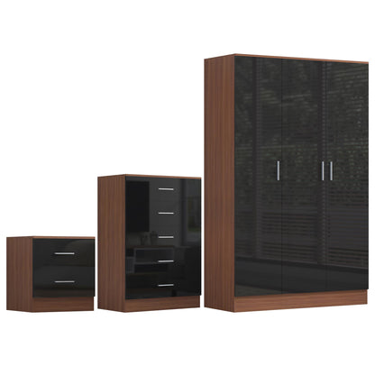 Reflect 3 Door Plain Wardrobe, 5 Drawer Chest, 2 Drawer Bedside - Black Gloss & Walnut - Modern Bedroom Furniture Set
