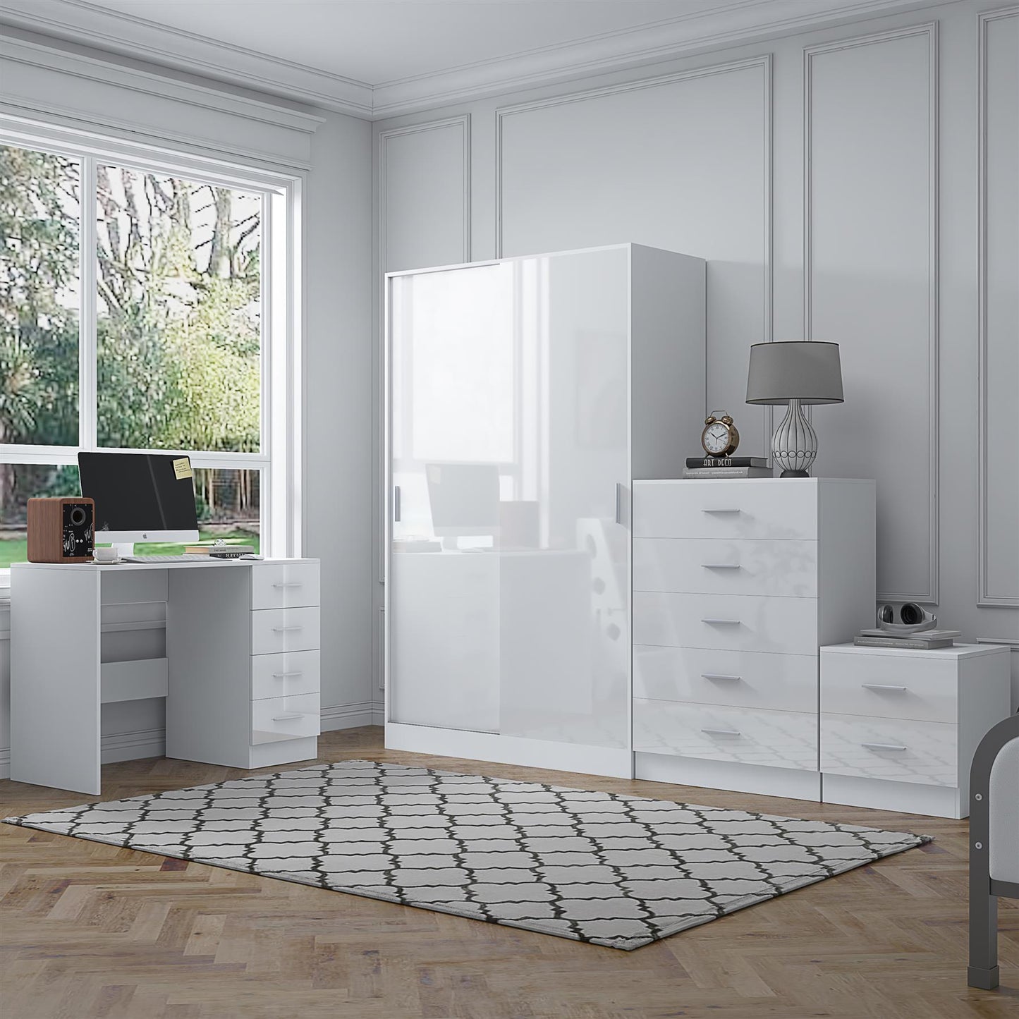REFLECT Gloss 4pc Set - 2 Door Sliding Wardrobe + 5 Draw Chest + Bedside + Desk