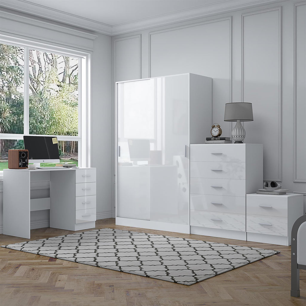 Reflect 2 Door Sliding Wardrobe, 5 Drawer Chest, 2 Drawer Bedside & Desk - White Gloss & Matt White - Modern Bedroom Furniture Set