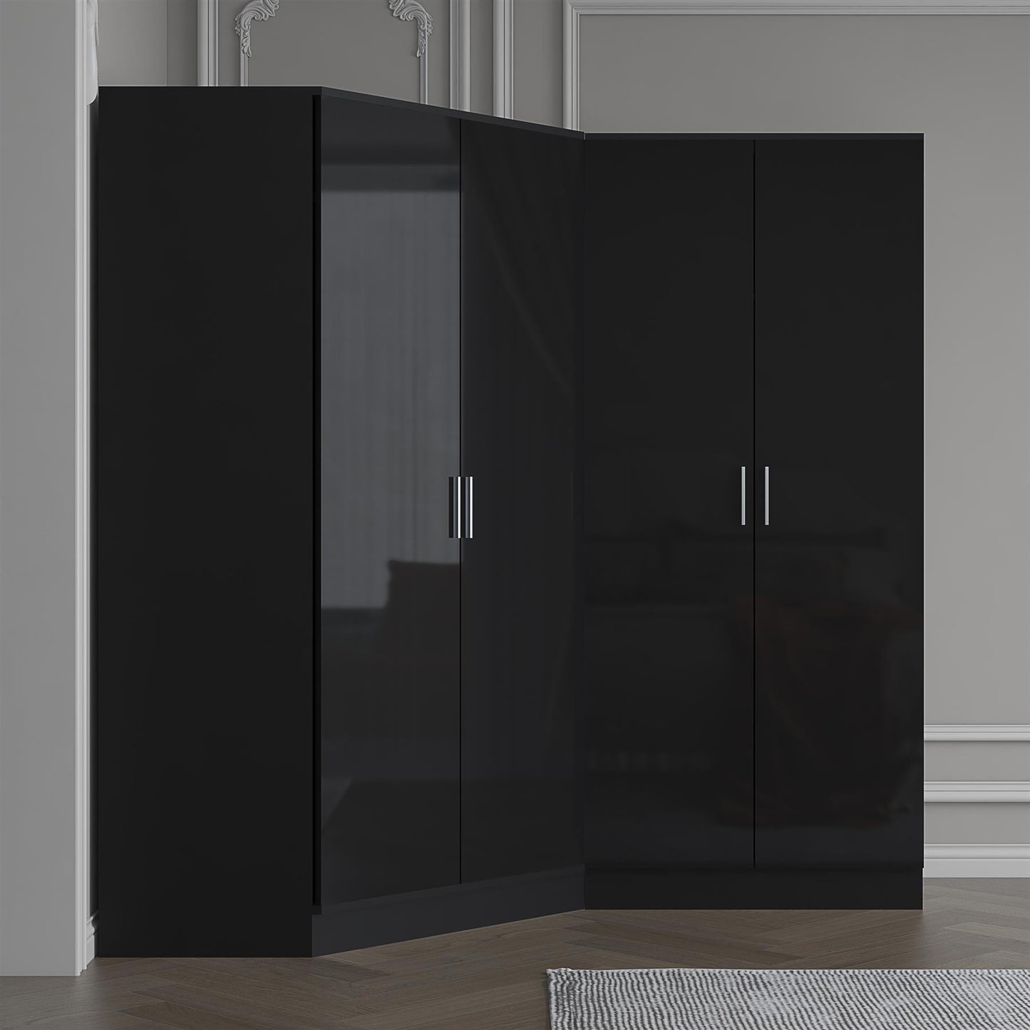 Reflect 2pc Wardrobe Bundle - 2 Door Corner + 2 Door Plain - Black Gloss & Black Oak