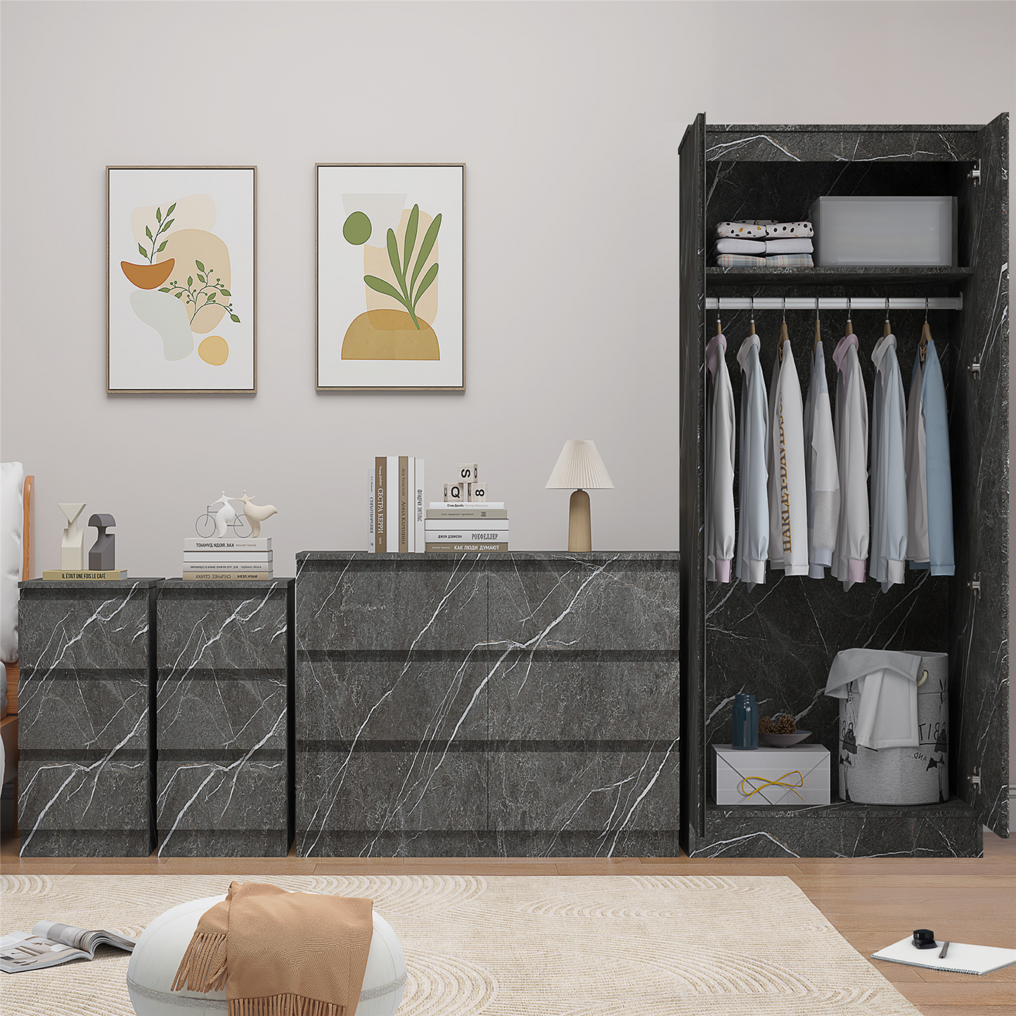 ZITA 3/4pc Bedroom Furniture Sets Wardrobe Chest Bedside - White OR Grey Marble