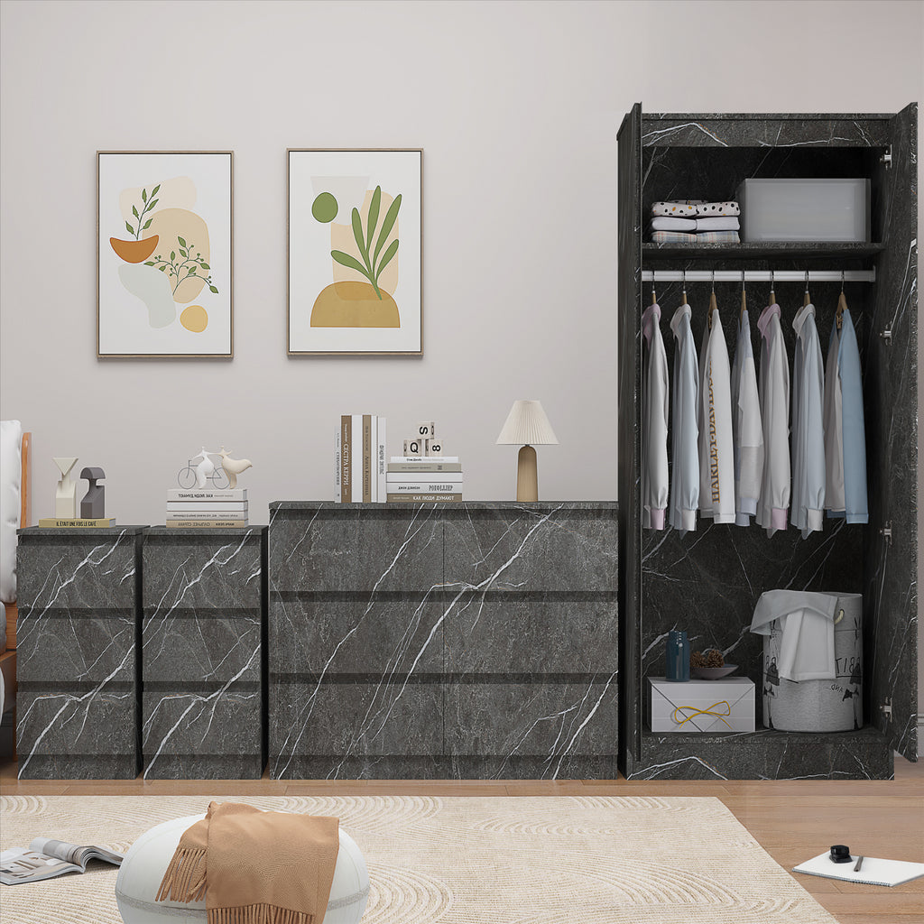 ZITA Grey Marble Effect 4 Piece Bedroom Set - Wardrobe, 6 Drawer Chest & 2 Bedside Tables, Stylish Bedroom Furniture