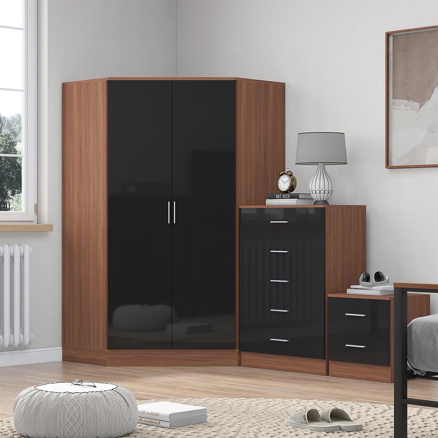 REFLECT Gloss 3pc Set - 2 Door Corner Wardrobe + 5 Draw Chest + Bedside
