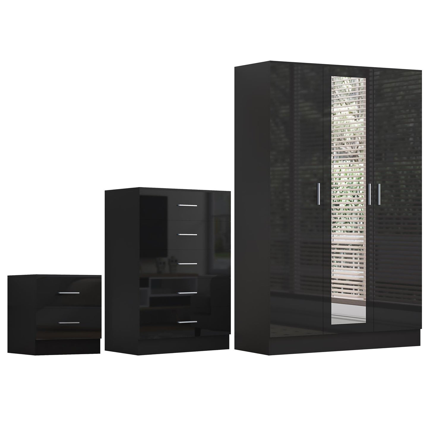 REFLECT Gloss 3pc Set - 3 Door Mirrored Wardrobe + 5 Draw Chest + Bedside