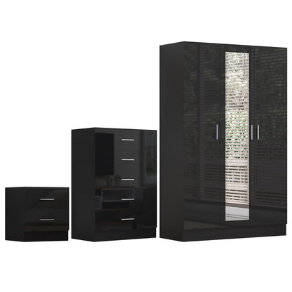 Reflect 3 Door Mirror Wardrobe, 5 Drawer Chest, 2 Drawer Bedside - Black Gloss & Black Oak - Modern Bedroom Furniture Set