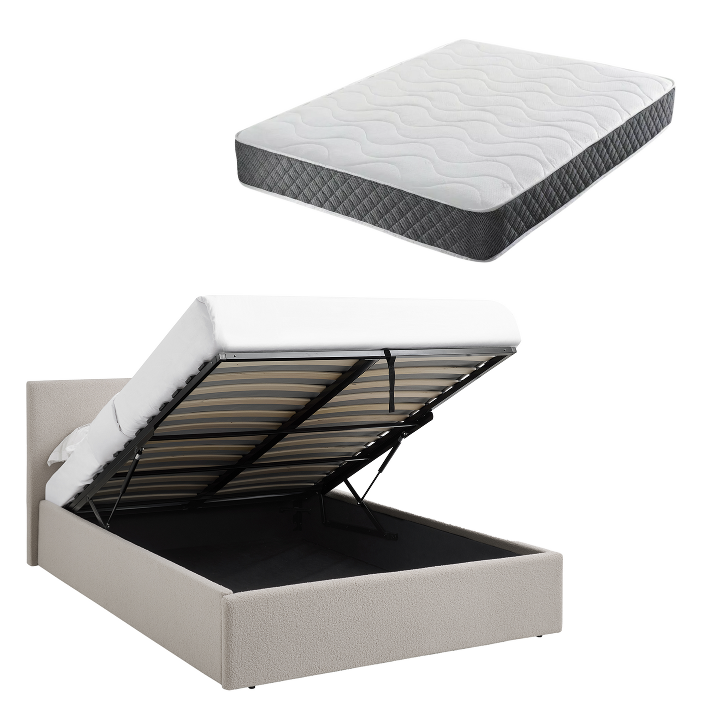 TEDDY BOUCLE 3FT Single Beige Ottoman Storage Bed Gas Lift Up (3ft) with Memory Foam & Spring Mattress