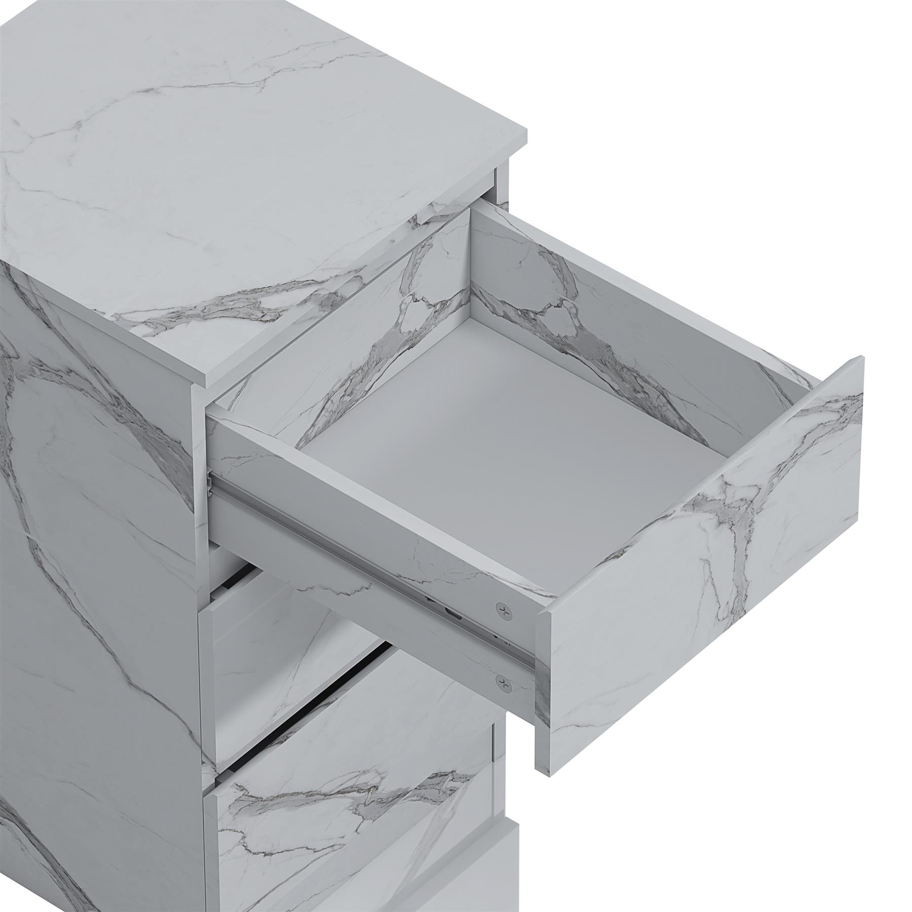 ZITA White Marble Effect 3 Drawer Bedside Table - Modern Nightstand, Stylish Bedroom Furniture