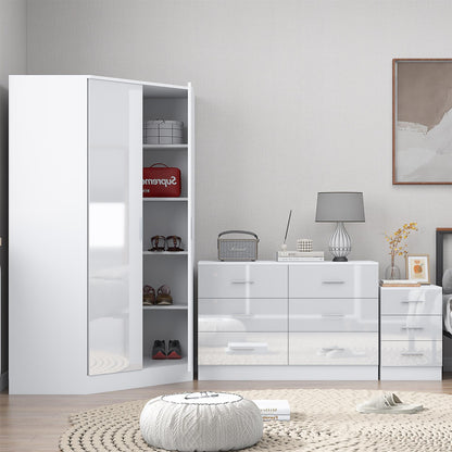 Reflect 2 Door Corner Wardrobe, 6 Drawer Chest, 3 Drawer Bedside - White Gloss & Matt White - Bedroom Furniture Set