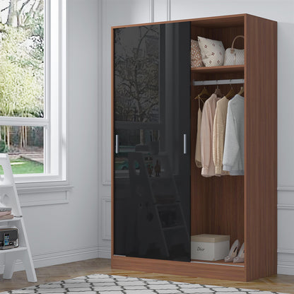 Reflect 2 Door Sliding Wardrobe - Black Gloss & Walnut - Hanging Rails & Shelves - Modern Design