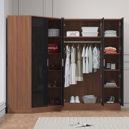 Reflect 2pc Wardrobe Bundle - 2 Door Corner + 3 Door Plain - Black Gloss & Walnut