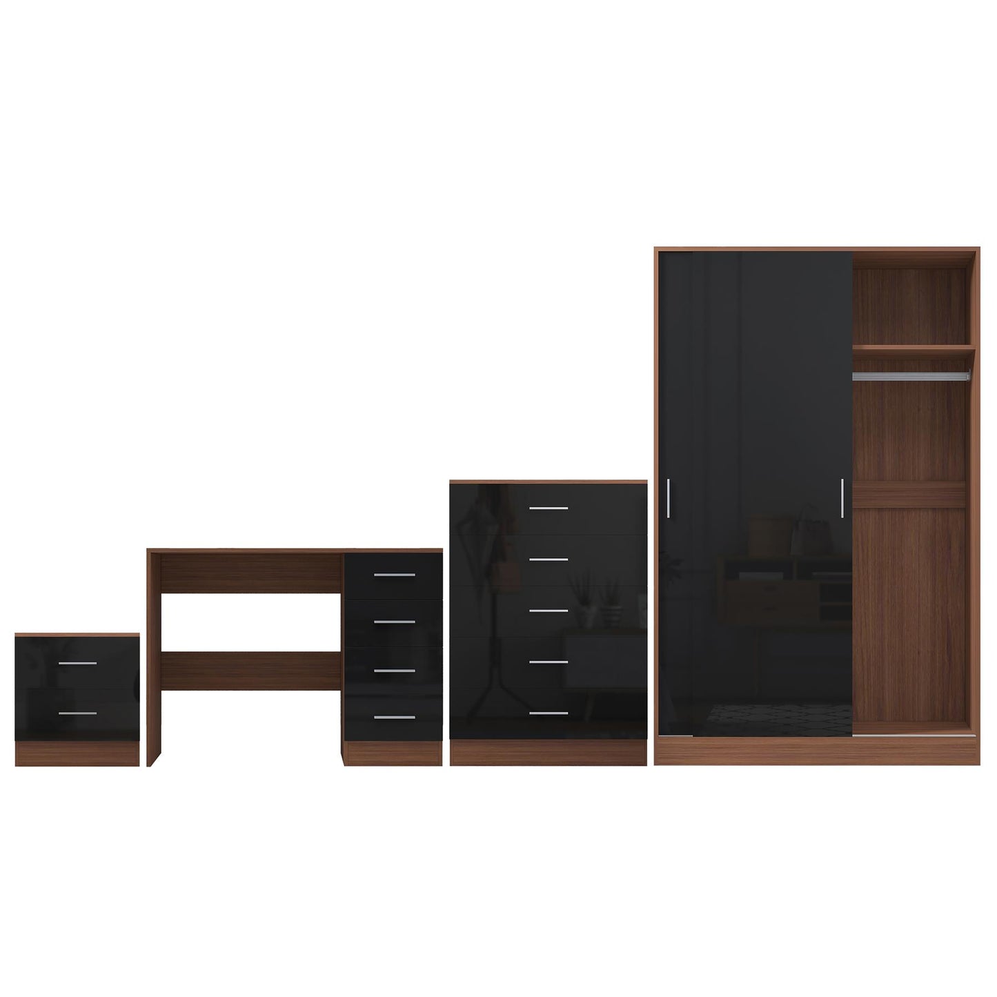 REFLECT Gloss 4pc Set - 2 Door Sliding Wardrobe + 5 Draw Chest + Bedside + Desk
